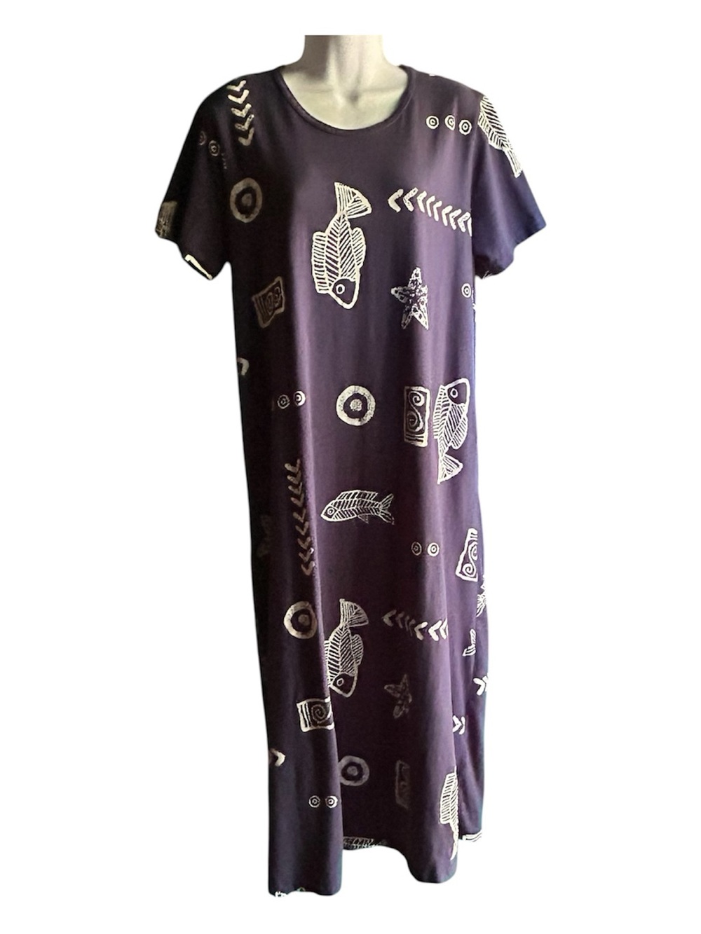 Jostar Women’s Navy Midi Dress with White Fish Print USA Sz M